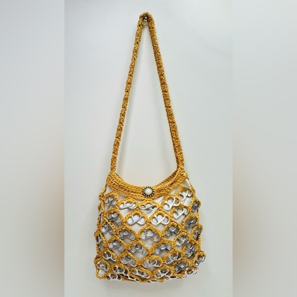 Handmade Crochet Gold Brown Handbag Purse Art with Recycled Soda Pop Tabs - Picture 3 of 14
